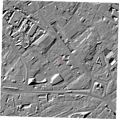 Shaded relief map of the ground around SE14ER, computed from Environment Agency LiDAR. The ground here sits at about 3 m above sea level and falls 10 m across the surrounding 800 m. Surface water reaching this point runs off ground lying to the south, 1.6 m higher.