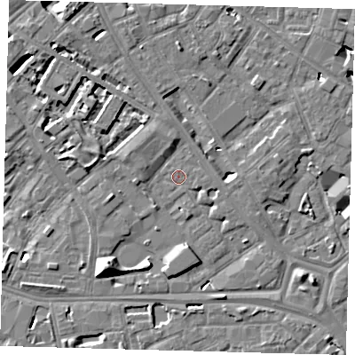 Shaded relief map of the ground around SE14ES, computed from Environment Agency LiDAR. The ground here sits at about 3 m above sea level and falls 10 m across the surrounding 800 m. Surface water reaching this point runs off ground lying to the north-north-west, 3.6 m higher.