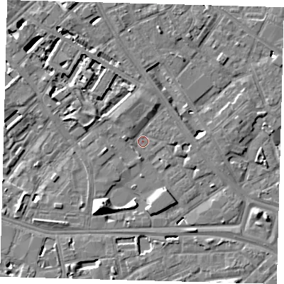 Shaded relief map of the ground around SE14EU, computed from Environment Agency LiDAR. The ground here sits at about 3 m above sea level and falls 10 m across the surrounding 800 m. Surface water reaching this point runs off ground lying to the north, 3.6 m higher.