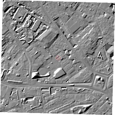 Shaded relief map of the ground around SE14EX, computed from Environment Agency LiDAR. The ground here sits at about 3 m above sea level and falls 10 m across the surrounding 800 m. Surface water reaching this point runs off ground lying to the north-north-west, 2.8 m higher.
