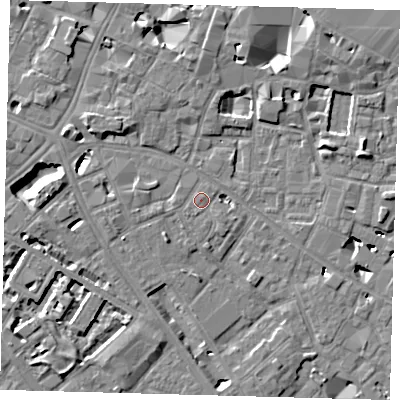 Shaded relief map of the ground around SE14GQ, computed from Environment Agency LiDAR. The ground here sits at about 4 m above sea level and falls 7 m across the surrounding 800 m. Surface water reaching this point runs off ground lying to the south-south-west, 0.9 m higher.