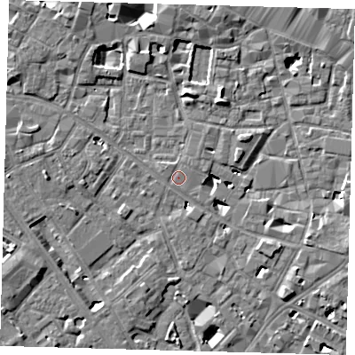 Shaded relief map of the ground around SE14GS, computed from Environment Agency LiDAR. The ground here sits at about 3 m above sea level and falls 6 m across the surrounding 800 m. Surface water reaching this point runs off ground lying to the north-west, 0.6 m higher.