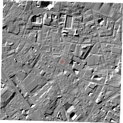Shaded relief map of the ground around SE14GT, computed from Environment Agency LiDAR. The ground here sits at about 3 m above sea level and falls 6 m across the surrounding 800 m. Surface water reaching this point runs off ground lying to the north-west, 0.6 m higher.
