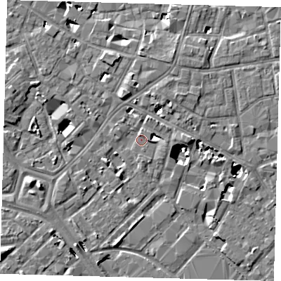 Shaded relief map of the ground around SE14GU, computed from Environment Agency LiDAR. The ground here sits at about 3 m above sea level and falls 8 m across the surrounding 800 m. Surface water reaching this point runs off ground lying to the north-north-east, 5.0 m higher.