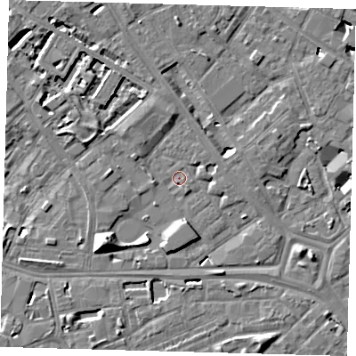 Shaded relief map of the ground around SE14GX, computed from Environment Agency LiDAR. The ground here sits at about 3 m above sea level and falls 10 m across the surrounding 800 m. Surface water reaching this point runs off ground lying to the north-north-west, 3.1 m higher.