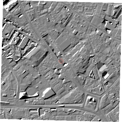 Shaded relief map of the ground around SE14GZ, computed from Environment Agency LiDAR. The ground here sits at about 2 m above sea level and falls 10 m across the surrounding 800 m. Surface water reaching this point runs off ground lying to the north-west, 4.4 m higher.