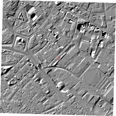 Shaded relief map of the ground around SE14HD, computed from Environment Agency LiDAR. The ground here sits at about 2 m above sea level and falls 8 m across the surrounding 800 m. Surface water reaching this point runs off ground lying to the south-south-west, 1.6 m higher.