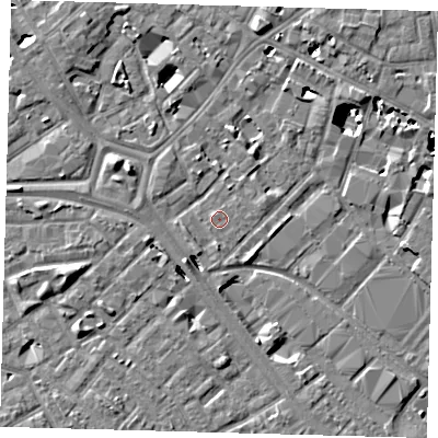 Shaded relief map of the ground around SE14HG, computed from Environment Agency LiDAR. The ground here sits at about 3 m above sea level and falls 8 m across the surrounding 800 m. The ground contributing surface water to this point lies to the south-west.