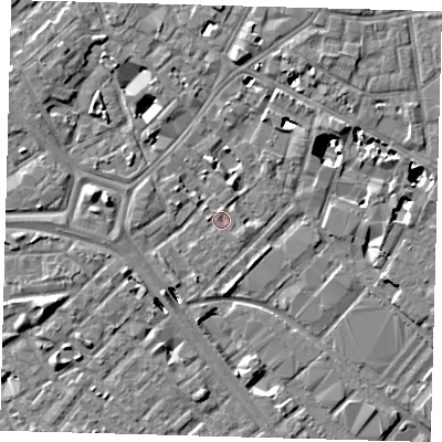 Shaded relief map of the ground around SE14HH, computed from Environment Agency LiDAR. The ground here sits at about 2 m above sea level and falls 8 m across the surrounding 800 m. Surface water reaching this point runs off ground lying to the west, 0.8 m higher.