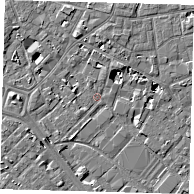 Shaded relief map of the ground around SE14HL, computed from Environment Agency LiDAR. The ground here sits at about 2 m above sea level and falls 8 m across the surrounding 800 m. Surface water reaching this point runs off ground lying to the west, 5.1 m higher.