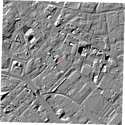 Shaded relief map of the ground around SE14HN, computed from Environment Agency LiDAR. The ground here sits at about 2 m above sea level and falls 8 m across the surrounding 800 m. Surface water reaching this point runs off ground lying to the west, 5.1 m higher.