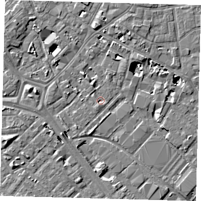 Shaded relief map of the ground around SE14HP, computed from Environment Agency LiDAR. The ground here sits at about 1 m above sea level and falls 8 m across the surrounding 800 m. Surface water reaching this point runs off ground lying to the south-south-west, 1.5 m higher.