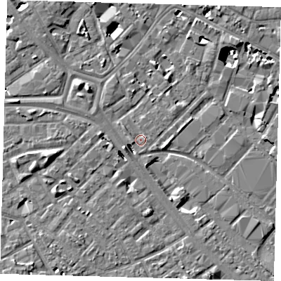 Shaded relief map of the ground around SE14HQ, computed from Environment Agency LiDAR. The ground here sits at about 2 m above sea level and falls 8 m across the surrounding 800 m. Surface water reaching this point runs off ground lying to the east-north-east, 0.8 m higher.
