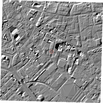 Shaded relief map of the ground around SE14HR, computed from Environment Agency LiDAR. The ground here sits at about 3 m above sea level and falls 8 m across the surrounding 800 m. Surface water reaching this point runs off ground lying to the north-north-east, 3.3 m higher.