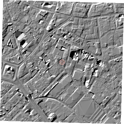 Shaded relief map of the ground around SE14HW, computed from Environment Agency LiDAR. The ground here sits at about 3 m above sea level and falls 8 m across the surrounding 800 m. Surface water reaching this point runs off ground lying to the north-north-east, 3.3 m higher.