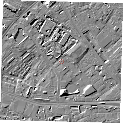 Shaded relief map of the ground around SE14JN, computed from Environment Agency LiDAR. The ground here sits at about 3 m above sea level and falls 10 m across the surrounding 800 m. Surface water reaching this point runs off ground lying to the north-west, 3.7 m higher.