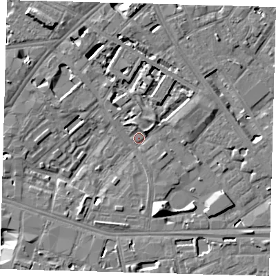 Shaded relief map of the ground around SE14JW, computed from Environment Agency LiDAR. The ground here sits at about 3 m above sea level and falls 13 m across the surrounding 800 m. Surface water reaching this point runs off ground lying to the north-east, 3.7 m higher.