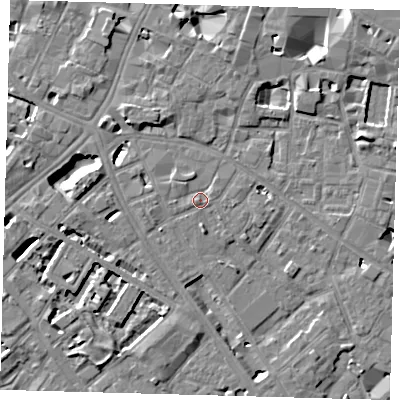 Shaded relief map of the ground around SE14LL, computed from Environment Agency LiDAR. The ground here sits at about 4 m above sea level and falls 7 m across the surrounding 800 m. Surface water reaching this point runs off ground lying to the west-north-west, 1.8 m higher.
