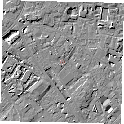 Shaded relief map of the ground around SE14LP, computed from Environment Agency LiDAR. The ground here sits at about 3 m above sea level and falls 7 m across the surrounding 800 m. Surface water reaching this point runs off ground lying to the north-west, 2.1 m higher.