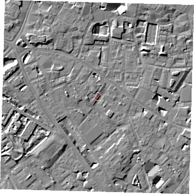 Shaded relief map of the ground around SE14LR, computed from Environment Agency LiDAR. The ground here sits at about 3 m above sea level and falls 7 m across the surrounding 800 m. Surface water reaching this point runs off ground lying to the west, 2.5 m higher.