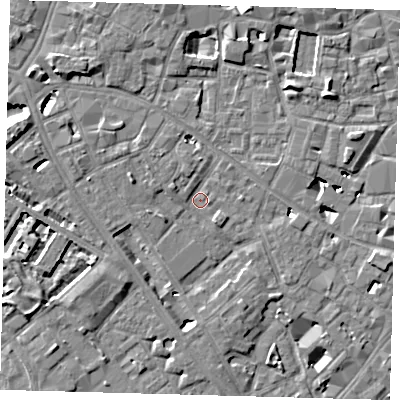 Shaded relief map of the ground around SE14LS, computed from Environment Agency LiDAR. The ground here sits at about 3 m above sea level and falls 7 m across the surrounding 800 m. Surface water reaching this point runs off ground lying to the west-south-west, 2.1 m higher.