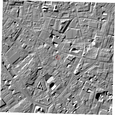 Shaded relief map of the ground around SE14LY, computed from Environment Agency LiDAR. The ground here sits at about 3 m above sea level and falls 9 m across the surrounding 800 m. Surface water reaching this point runs off ground lying to the east-south-east, 1.6 m higher.