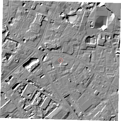 Shaded relief map of the ground around SE14NA, computed from Environment Agency LiDAR. The ground here sits at about 3 m above sea level and falls 10 m across the surrounding 800 m. Surface water reaching this point runs off ground lying to the west, 1.8 m higher.