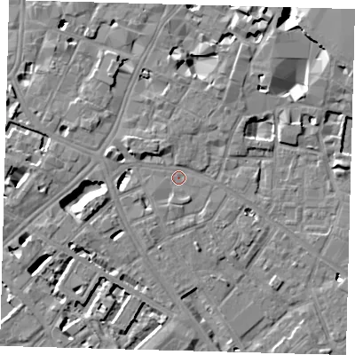 Shaded relief map of the ground around SE14NB, computed from Environment Agency LiDAR. The ground here sits at about 3 m above sea level and falls 10 m across the surrounding 800 m. Surface water reaching this point runs off ground lying to the west, 1.8 m higher.