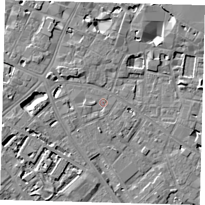 Shaded relief map of the ground around SE14ND, computed from Environment Agency LiDAR. The ground here sits at about 3 m above sea level and falls 7 m across the surrounding 800 m. Surface water reaching this point runs off ground lying to the south-west, 1.4 m higher.