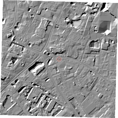 Shaded relief map of the ground around SE14NN, computed from Environment Agency LiDAR. The ground here sits at about 4 m above sea level and falls 11 m across the surrounding 800 m. Surface water reaching this point runs off ground lying to the west-north-west, 4.4 m higher.