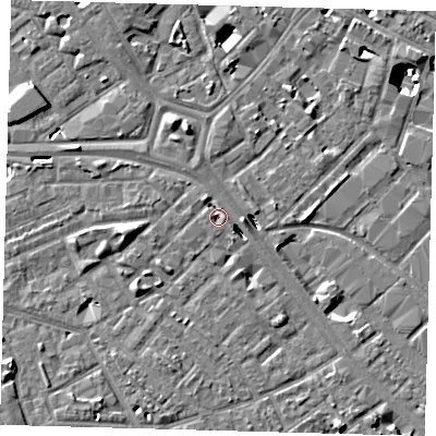 Shaded relief map of the ground around SE14NU, computed from Environment Agency LiDAR. The ground here sits at about 3 m above sea level and falls 8 m across the surrounding 800 m. Surface water reaching this point runs off ground lying to the north-west, 1.8 m higher.