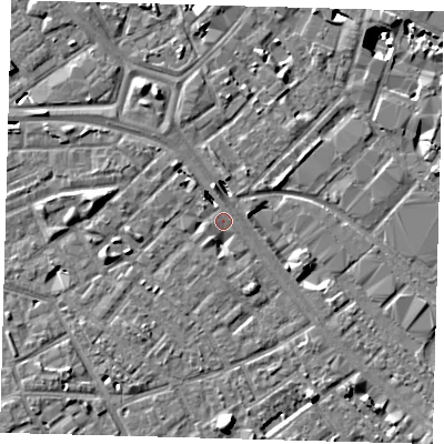 Shaded relief map of the ground around SE14NX, computed from Environment Agency LiDAR. The ground here sits at about 3 m above sea level and falls 10 m across the surrounding 800 m. Surface water reaching this point runs off ground lying to the north-north-west, 4.5 m higher.