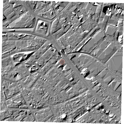Shaded relief map of the ground around SE14NY, computed from Environment Agency LiDAR. The ground here sits at about 3 m above sea level and falls 10 m across the surrounding 800 m. Surface water reaching this point runs off ground lying to the north, 4.5 m higher.