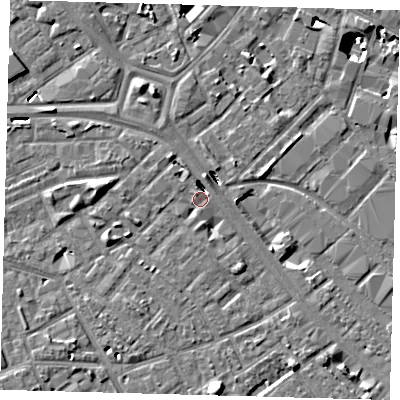 Shaded relief map of the ground around SE14NZ, computed from Environment Agency LiDAR. The ground here sits at about 3 m above sea level and falls 10 m across the surrounding 800 m. Surface water reaching this point runs off ground lying to the north-north-east, 4.5 m higher.