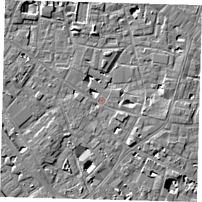 Shaded relief map of the ground around SE14PA, computed from Environment Agency LiDAR. The ground here sits at about 3 m above sea level and falls 9 m across the surrounding 800 m. Surface water reaching this point runs off ground lying to the east-south-east, 2.8 m higher.
