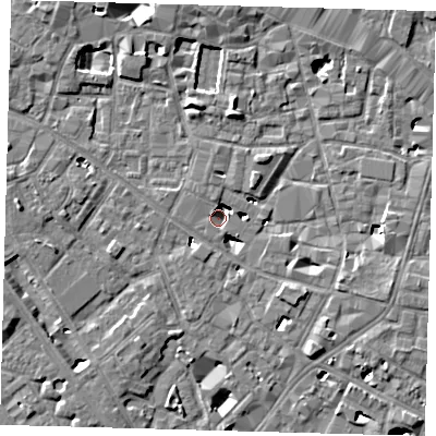 Shaded relief map of the ground around SE14PD, computed from Environment Agency LiDAR. The ground here sits at about 2 m above sea level and falls 9 m across the surrounding 800 m. Surface water reaching this point runs off ground lying to the north-north-west, 4.0 m higher.