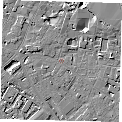 Shaded relief map of the ground around SE14PH, computed from Environment Agency LiDAR. The ground here sits at about 3 m above sea level and falls 10 m across the surrounding 800 m. Surface water reaching this point runs off ground lying to the west-north-west, 4.4 m higher.