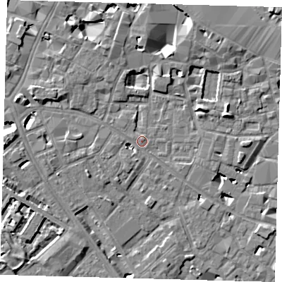 Shaded relief map of the ground around SE14PJ, computed from Environment Agency LiDAR. The ground here sits at about 3 m above sea level and falls 7 m across the surrounding 800 m. Surface water reaching this point runs off ground lying to the west-north-west, 4.4 m higher.