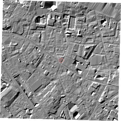 Shaded relief map of the ground around SE14PN, computed from Environment Agency LiDAR. The ground here sits at about 3 m above sea level and falls 6 m across the surrounding 800 m. Surface water reaching this point runs off ground lying to the north, 0.7 m higher.