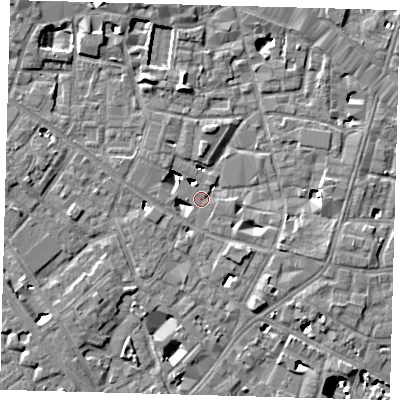 Shaded relief map of the ground around SE14PP, computed from Environment Agency LiDAR. The ground here sits at about 3 m above sea level and falls 9 m across the surrounding 800 m. Surface water reaching this point runs off ground lying to the east-south-east, 5.3 m higher.