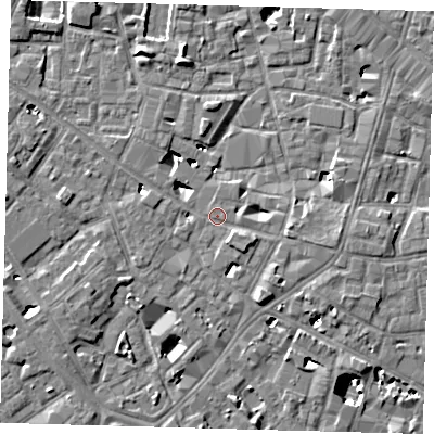 Shaded relief map of the ground around SE14PR, computed from Environment Agency LiDAR. The ground here sits at about 3 m above sea level and falls 9 m across the surrounding 800 m. Surface water reaching this point runs off ground lying to the south-east, 1.6 m higher.