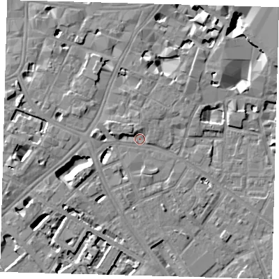 Shaded relief map of the ground around SE14PS, computed from Environment Agency LiDAR. The ground here sits at about 3 m above sea level and falls 10 m across the surrounding 800 m. Surface water reaching this point runs off ground lying to the west, 4.4 m higher.