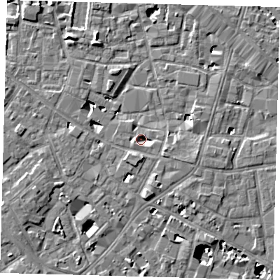 Shaded relief map of the ground around SE14PT, computed from Environment Agency LiDAR. The ground here sits at about 3 m above sea level and falls 9 m across the surrounding 800 m. Surface water reaching this point runs off ground lying to the east-south-east, 3.1 m higher.