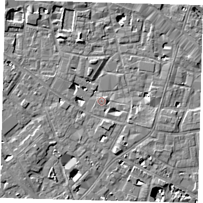 Shaded relief map of the ground around SE14PU, computed from Environment Agency LiDAR. The ground here sits at about 3 m above sea level and falls 9 m across the surrounding 800 m. Surface water reaching this point runs off ground lying to the east-south-east, 4.3 m higher.