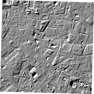 Shaded relief map of the ground around SE14PX, computed from Environment Agency LiDAR. The ground here sits at about 3 m above sea level and falls 9 m across the surrounding 800 m. Surface water reaching this point runs off ground lying to the south-east, 1.6 m higher.
