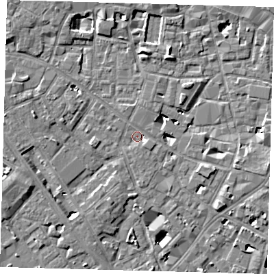 Shaded relief map of the ground around SE14PZ, computed from Environment Agency LiDAR. The ground here sits at about 3 m above sea level and falls 6 m across the surrounding 800 m. Surface water reaching this point runs off ground lying to the south-east, 3.2 m higher.