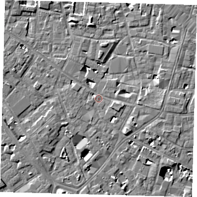 Shaded relief map of the ground around SE14QA, computed from Environment Agency LiDAR. The ground here sits at about 3 m above sea level and falls 9 m across the surrounding 800 m. Surface water reaching this point runs off ground lying to the east-south-east, 1.7 m higher.