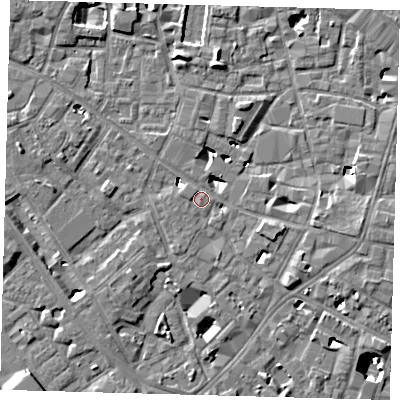 Shaded relief map of the ground around SE14QB, computed from Environment Agency LiDAR. The ground here sits at about 3 m above sea level and falls 9 m across the surrounding 800 m. Surface water reaching this point runs off ground lying to the west-north-west, 0.8 m higher.