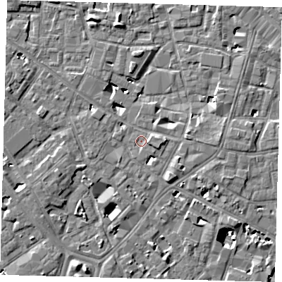 Shaded relief map of the ground around SE14QF, computed from Environment Agency LiDAR. The ground here sits at about 3 m above sea level and falls 9 m across the surrounding 800 m. Surface water reaching this point runs off ground lying to the east-south-east, 1.5 m higher.