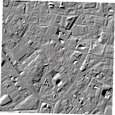 Shaded relief map of the ground around SE14QG, computed from Environment Agency LiDAR. The ground here sits at about 3 m above sea level and falls 9 m across the surrounding 800 m. Surface water reaching this point runs off ground lying to the east, 1.6 m higher.